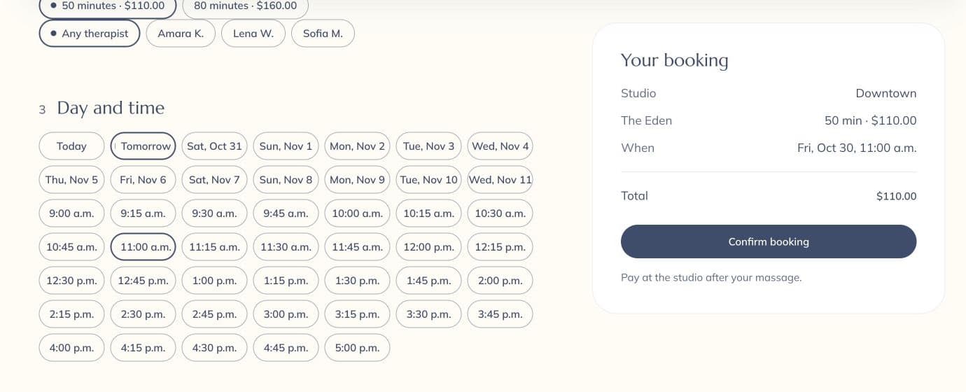The booking page on a spa's website: services, lengths, practitioners, days and times, with a booking summary