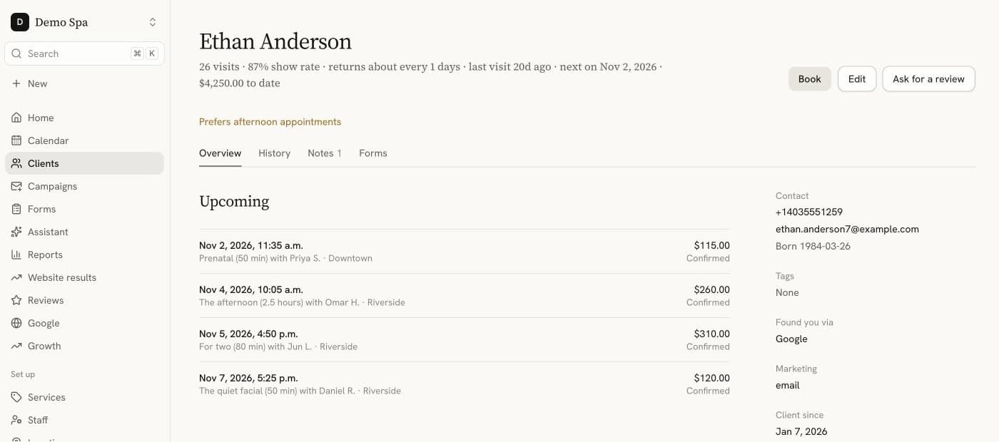 A client profile: visits, show rate, upcoming appointments and preferences