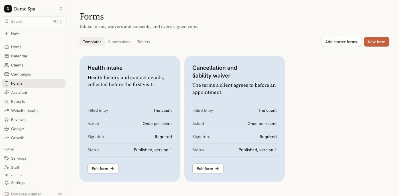 The forms page: a health intake form and a cancellation and liability waiver
